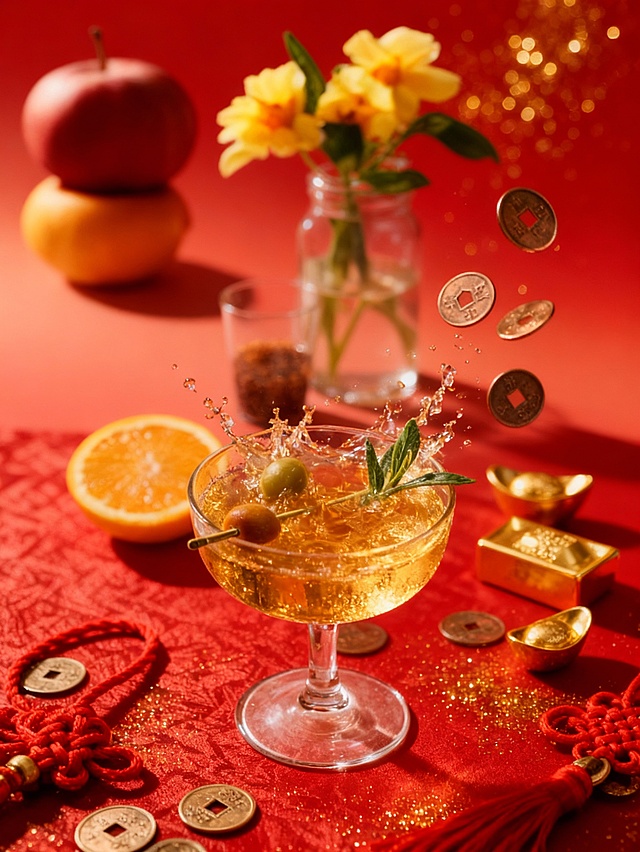 主体是向图示商品中倾倒金色液体，瓶口飞溅出铜钱、金元宝、金条等元素；底部铺红色纹理桌布，点缀散落的铜钱、金元宝及红色中国结绳；背景为渐变正红底色，叠加金色闪粉增强氛围感。