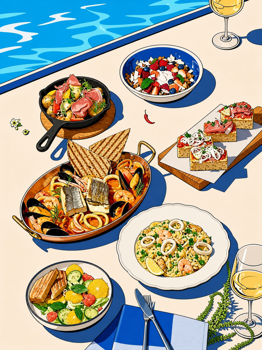 参考第一张插画的风格、配色、画风，将第二张美食照片生成同款风格… - 图片创意预览