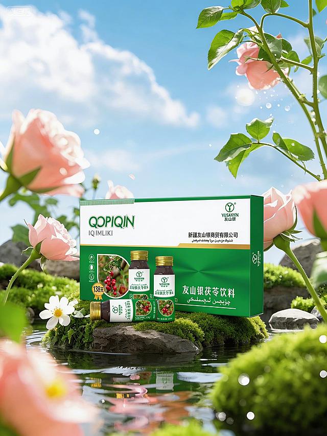 将友山银茯苓饮料产品与玫瑰、湖水、苔藓的自然场景融合，生成一张清新自然的产品宣传图，画面精致、真实感强，保留产品包装上的所有文字和图案