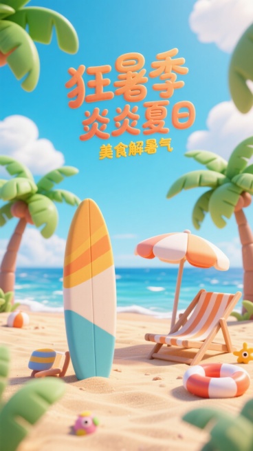手写艺术标题字体“狂暑季 炎炎夏日 美食解暑气”，蓝天白云，海边沙滩，沙滩上有躺椅，竖着插在沙滩上的冲浪板，游泳圈，遮阳伞，近处有几棵翠绿的棕榈树，画面整体色调明亮清新，构图以沙滩为前景、海天为背景，预览效果