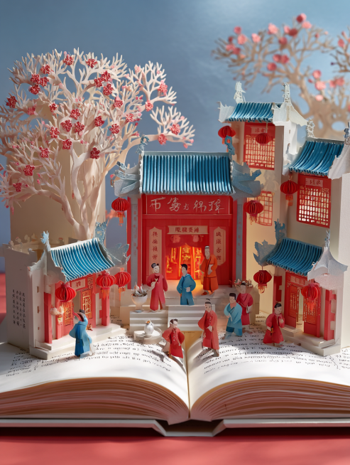 New Chinese paper-cut art style, 3D pop-up book unfolding effect, core scene is traditional Minnan a预览效果