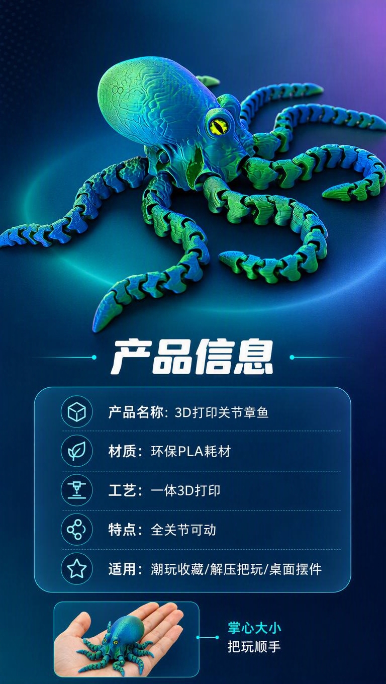 [商品] 使用【图1】3D打印关节章鱼玩具（幻彩蓝绿款）；保留… - 图片创意预览