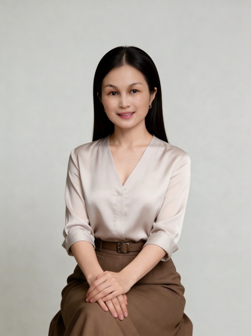 将图片中的卷发更换为整齐顺滑的直发，保留人物脸型、五官特征、原有服装、姿势和浅灰色纯色背景不变，保持整体职业形象照风格，高分辨率，细节清晰，画质细腻预览效果