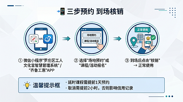 PPT页面，标题是"📲 三步预约 到场核销"，流程：① 微信小程序"罗庄区工人文化宫智慧管理系统" / "齐鲁工惠"APP；② 选择"场地预约"或"课程/活动报名"；③ 到场后点击"核销" → 正常使用。下方温馨提示框：延时课程需提前1天预约；取消需提前2小时，否则影响信用记录。流程用分步图标，清晰易懂，16:9简约商务风格。