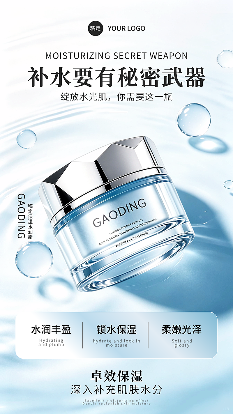 医美美业夏季保湿面霜护肤品商业卖点朋友圈宣传手机海报