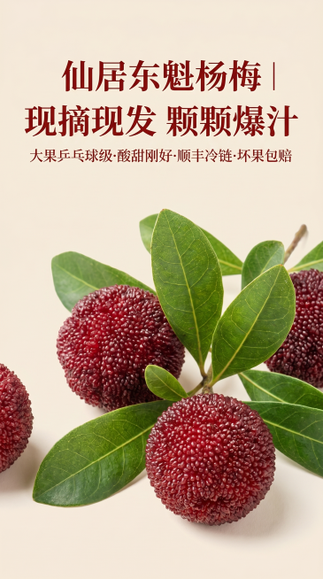仙居东魁杨梅电商竖版详情页首屏，参考参考图的简约中式风格，米白色底色配深红色文字，顶部大字标题"仙居东魁杨梅｜现摘现发 颗颗爆汁"，副标题标注"大果乒乓球级·酸甜刚好·顺丰冷链·坏果包赔"，背景搭配新预览效果
