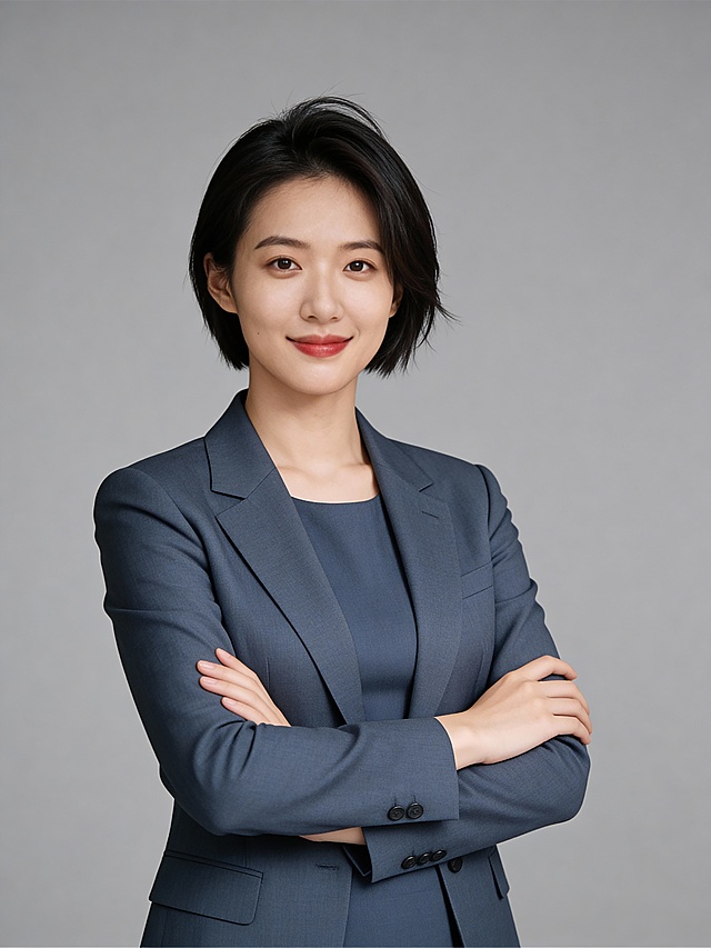 成熟大气抱胸雾蓝色西装女士形象照