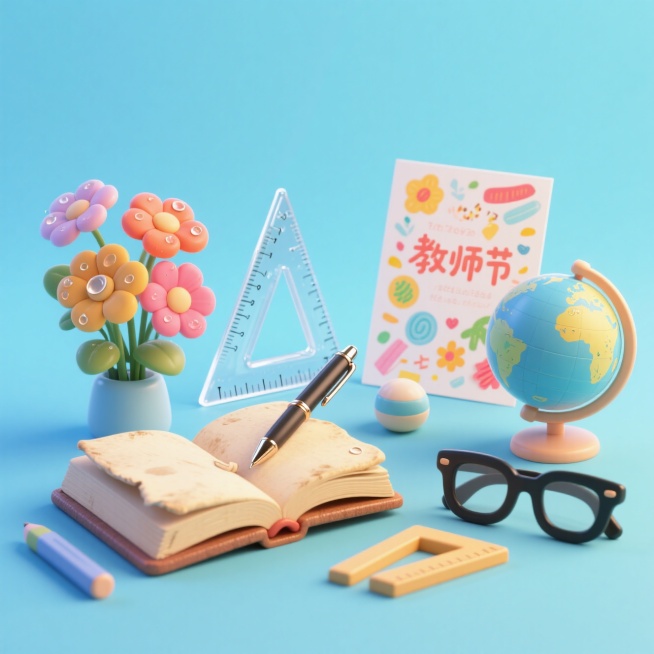 书、三角尺、教师节贺卡、花、笔、眼镜、地球仪等等教学用具摆放在一起，浅蓝色背景预览效果