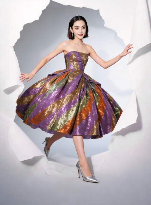 20岁中国漂亮女生，中分齐肩短发，面部容貌参考图2，穿着紫色+橙色+金色拼接的时尚大牌抹胸亮片裙装，服饰参考图1，搭配银色高跟鞋，人物姿势参考图3，从撕开的纸张中走出的姿态预览效果