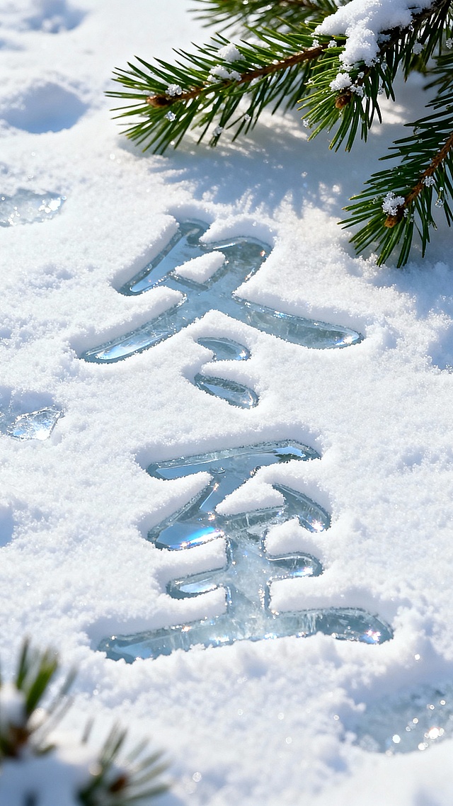 清透冰字嵌雪，光影流动，松枝点缀，中式静谧意境，玻璃风重拟物浮雕，冬至实景感十足。