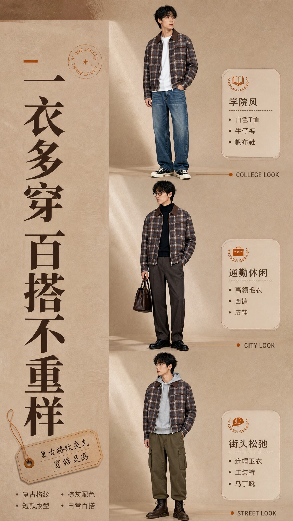 [商品] 使用【图1】棕灰格纹翻领拉链夹克；商品处理：保留翻领… - 图片创意预览