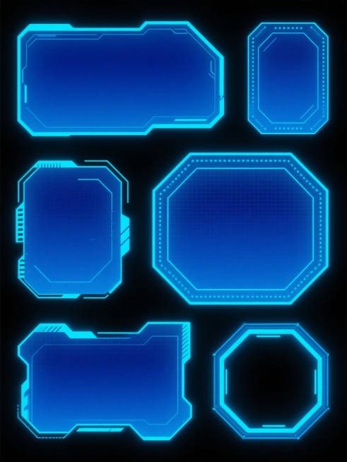 赛博朋克风格的蓝色发光科技感界面元素集合，包含多种几何形状的半透明蓝色面板与边框，矩形、椭圆形和圆形的框架设计，边缘有发光的蓝色线条和点状装饰，内部为深蓝色带有细微网格纹理的背景，整体在纯黑色背景上呈现出强烈的未来科技感与数字界面美学，元素排列整齐有序，具有统一的蓝色系渐变光效和科技感细节装饰。预览效果