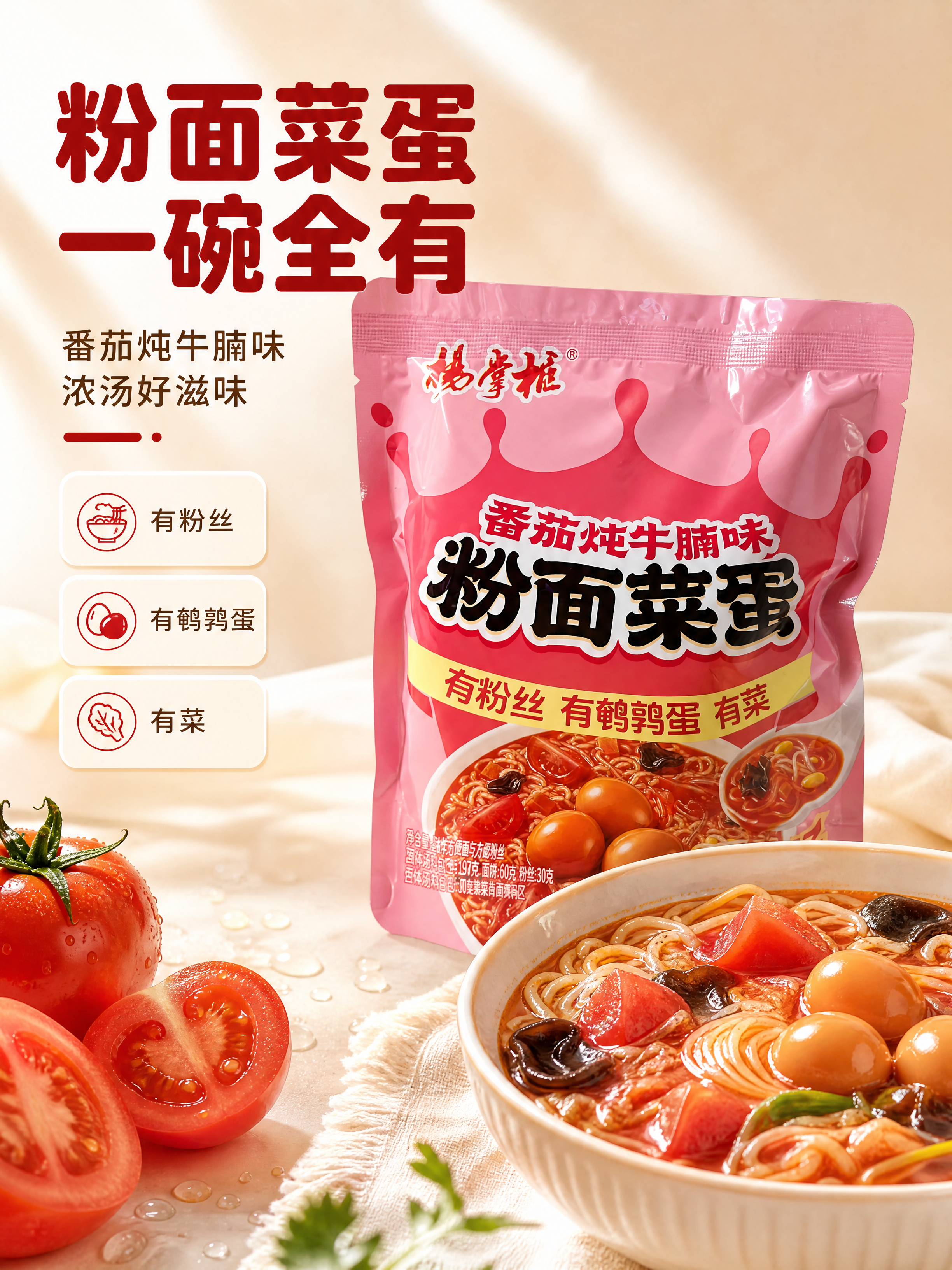[商品] 使用【图1】杨掌柜番茄炖牛腩味粉面菜蛋袋装方便面；保… - 图片创意预览