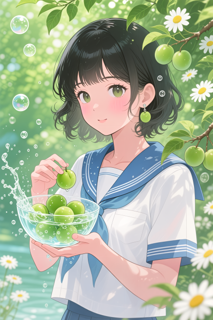 超写实日系插画，清新治愈系夏日青梅少女风景，主体为一位身着白蓝相间水手服的黑发少女，齐刘海微卷，眉眼温柔，脸颊泛着淡粉红晕，眼神清澈明亮。她一手托着盛满清水与青李的透明玻璃碗，水珠飞溅，另一手轻触碗外预览效果