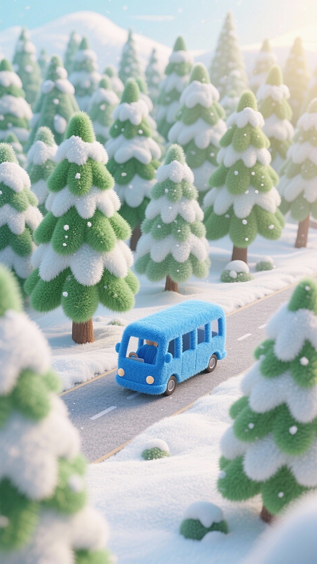毛绒质感的3D微缩雪景，蓝色小巴士穿行于梦幻雪林，卡通风格与粘土风融合，营造冬日温馨童话氛围。