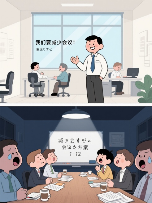 上下两格漫画，上方：老板站在办公室里，微笑着对员工说“我们要减少会议”，背景有明亮的窗户和简洁的办公桌；下方：深夜的会议室，员工们围坐在长桌旁，桌上堆满文件和咖啡杯，白板上写着“减少会议方案1-12”预览效果