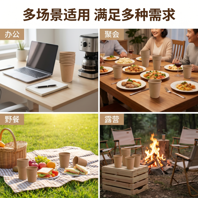 [主图 5] 多场景适用展示。
[氛围风格] 自然生活化，氛围感强；
[画质] 商业摄影质感、光线柔和通透、产品清晰真实、画面干净高级。
[元素] 四宫格展示四个场景：办公咖啡、家庭聚会、户外野餐、露预览效果