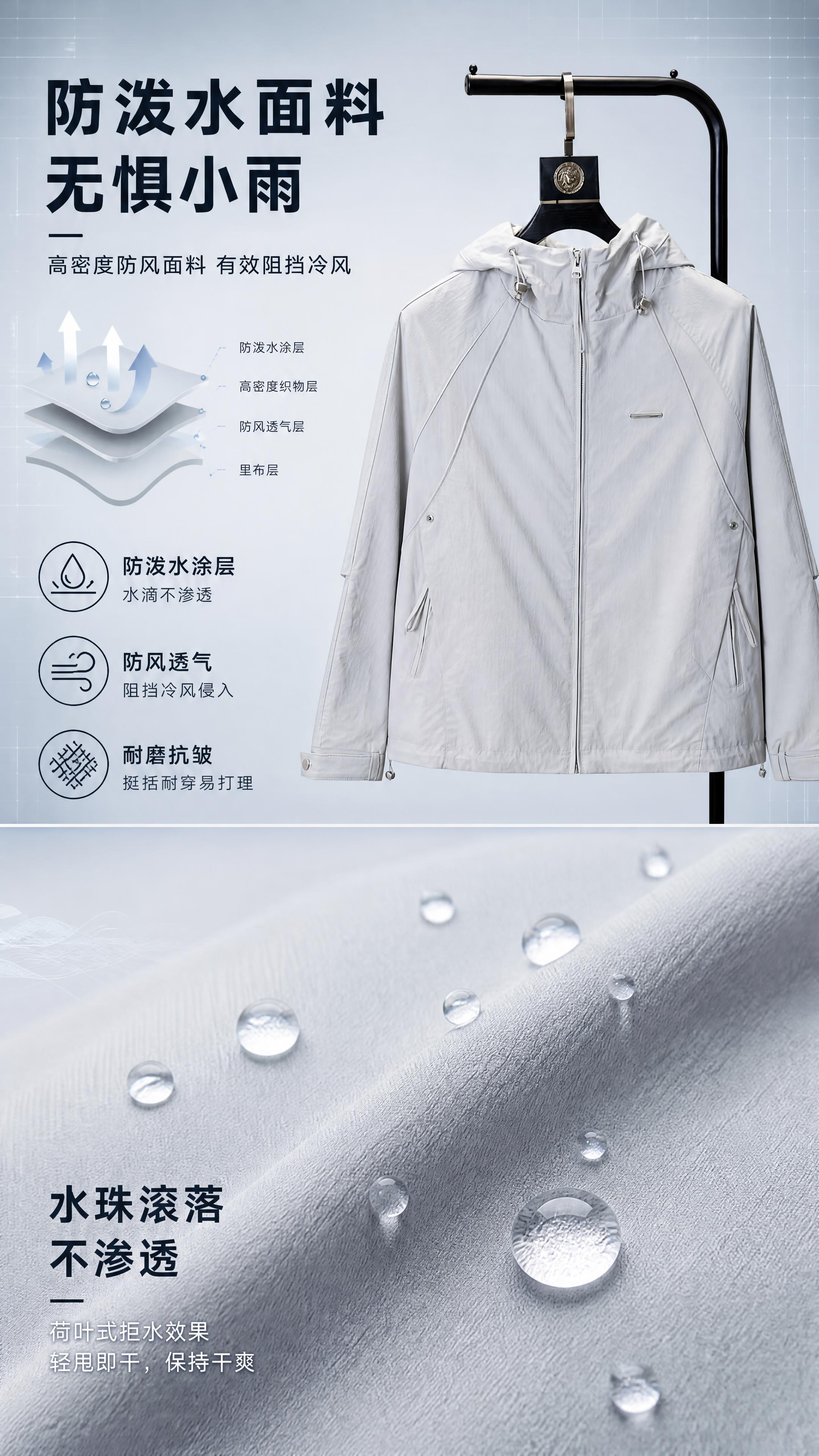 [第3张] 详情页面料功能解析-浅灰色机能风连帽防风外套防泼水… - 图片创意预览