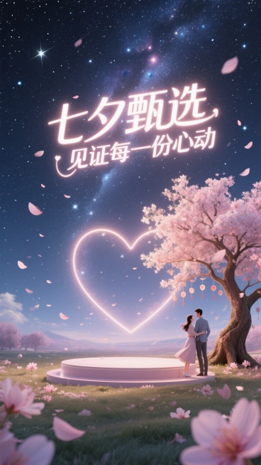 背景是满天星的星空 心形的展台，桃花花瓣 旁边有许愿树 情侣在树根下，字体“七夕甄选，见证每一份心动 ” 把展台留出来 展台是空的预览效果