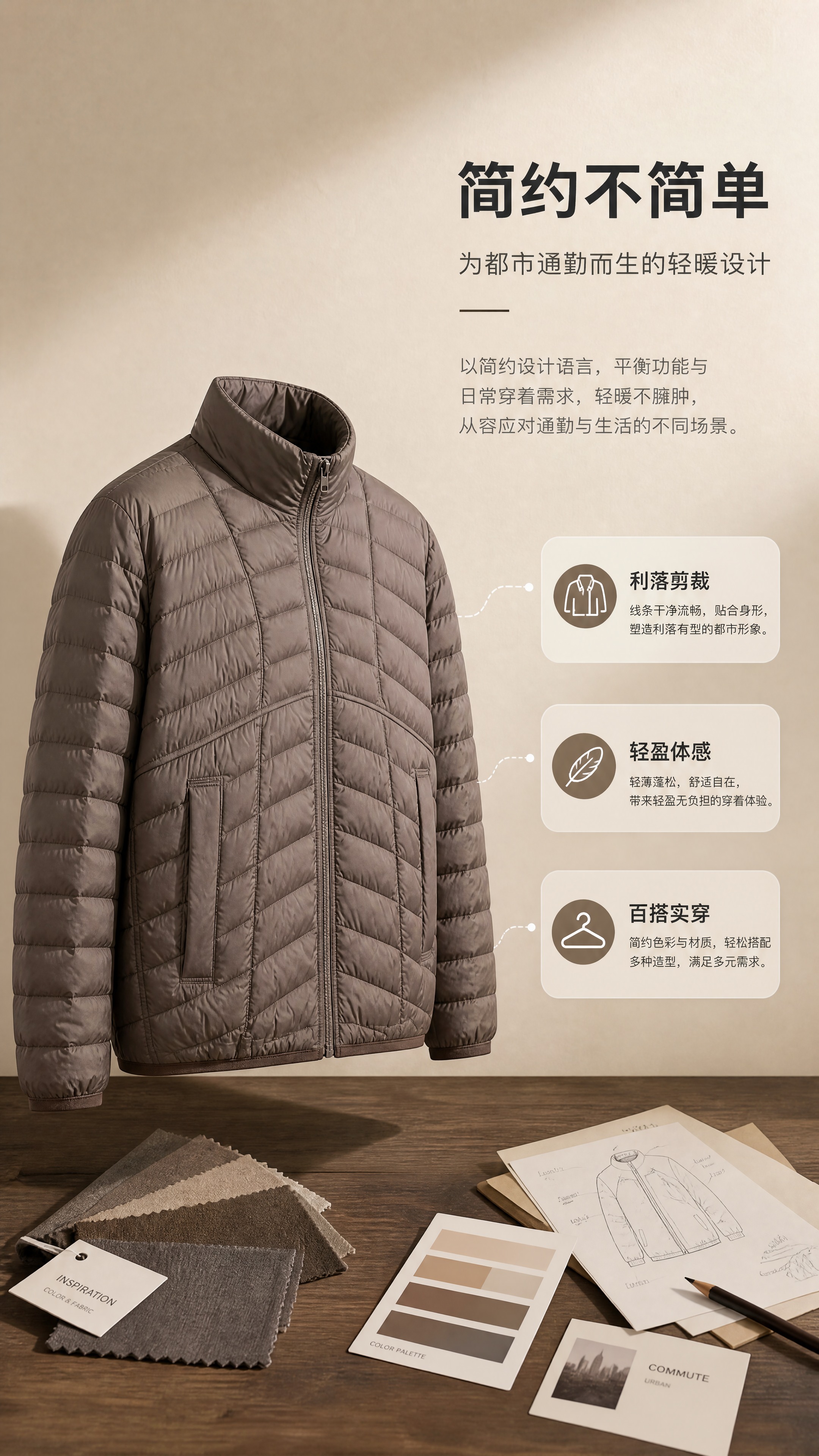 [商品] 使用【图1】咖色男士轻薄立领羽绒服；商品处理：保留立… - 图片创意预览