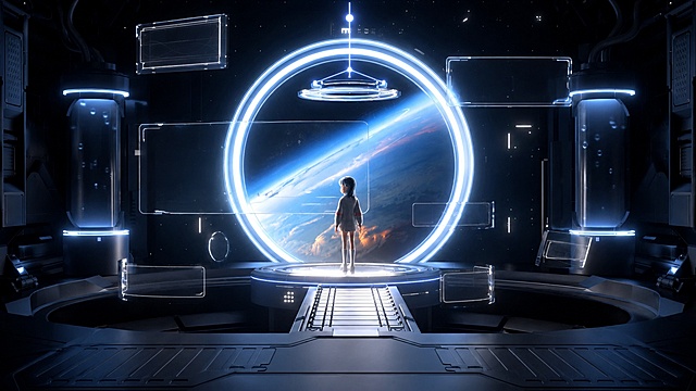 参考原图的元宇宙科技感未来太空舱场景，保留整体构图和3D女孩人物元素，去除所有文字和logo，重新生成画面内容，保持原图的赛博科技蓝黑科幻风格和光影效果