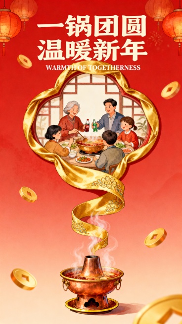 手绘插画风格。底部是一个小小的传统铜制火锅，锅沿镶金，锅内热气升腾。热气化作一条 S 形金色刺绣绸缎，汇聚成顶部的大花窗，整个花窗边缘被金色绸缎覆盖，并继续向画面上方延伸。花窗的中间是全家围坐吃火锅的预览效果
