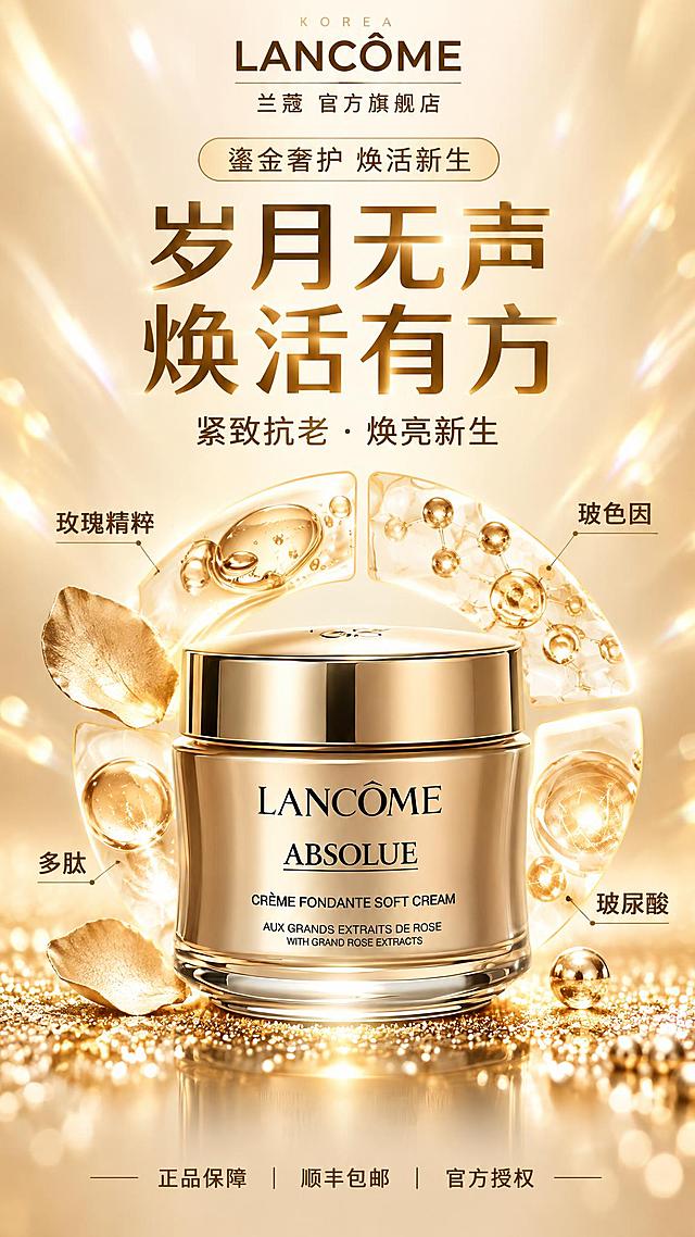 图生图模式：参考第1张图的9:16竖版美妆海报版式（顶部居中品牌行：品牌名配细分隔线与小字；其下浅色圆角小标签写核心卖点；居中鎏金色大标题两行；中部产品居中展示，四周环绕半透明成分环与成分词标注、点缀装饰薄片；背景香槟金渐变配放射光晕与金色光斑；底部细字信息条），主体替换为第2张图中的兰蔻金色面霜罐（金属金色盖、香槟金瓶身，瓶身印字与外观结构完全保留，外观与材质细节与素材图一致）。去除素材图上所有水印与角标（左上「AI生成」、右下角水印），画面中不得出现任何水印。生成鎏金色调为主的9:16竖版淘宝/天猫商品海报。

画面结构（自上而下）：
- 顶部居中品牌行：金色小字「KOREA」｜居中「LANCOME」+ 细分隔线，下方小字「兰蔻 官方旗舰店」
- 其下浅色圆角标签：「[鎏金奢护 焕活新生]」
- 鎏金色大标题两行（衬线感粗字、金色渐变）：「岁月无声 焕活有方」
- 副标题一行：「紧致抗老 · 焕亮新生」
- 中部主题：兰蔻金色面霜罐居中略偏下，罐体金属反光质感细腻；罐体四周环绕半透明香槟金成分环，环上有金色小胶囊块与圆球，环外四角分布成分词标注（左侧「玫瑰精粹」，右侧「玻色因」，左下「多肽」，右下「玻尿酸」），左侧点缀金色薄片与碎金质感
- 背景：香槟金到浅金渐变，中央有放射状光晕与柔和光斑，底部有金色沙粒与光点质感
- 底部信息条：小字「正品保障 ｜ 顺丰包邮 ｜ 官方授权」

整体要求：鎏金色调为主（香槟金、浅金、奶白），高级奢华质感，产品金色金属质感准确，全部文字使用「阿里巴巴普惠体」风格（现代无衬线黑体、字形方正、笔画均匀、字重清晰），字体清晰无错别字无乱码，无任何水印与平台 logo。
