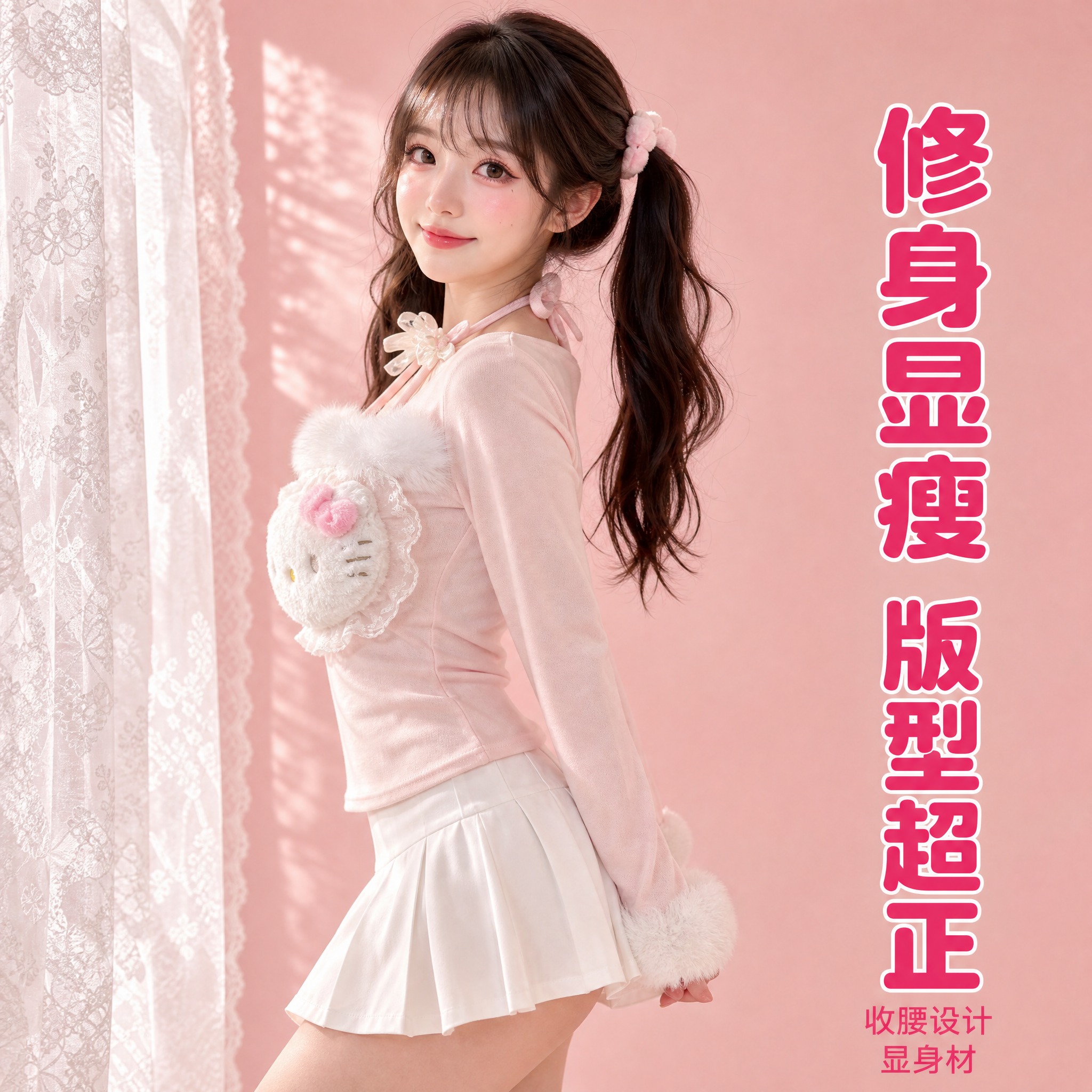 [主图-2] 粉色Hello Kitty毛绒挂脖长袖上衣 侧面… - 图片创意预览