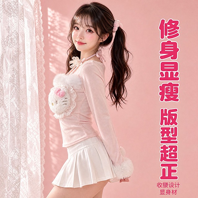 [主图-2] 粉色Hello Kitty毛绒挂脖长袖上衣 侧面侧身展示 拼多多主图。
[统一基调] 甜美少女风 粉色系主色调 白色辅助色 玫红色强调色 粗圆体大字标题 拼多多风格直白醒目 高性价比感。
[画面] 同一位年轻亚洲女模特 双马尾发型 妆容精致 侧身站立 身体转向左侧45度 脸部看向镜头 膝盖以上中景 展示衣服侧面版型和修身效果 粉色Hello Kitty毛绒挂脖长袖上衣侧面线条流畅 收腰设计明显 胸前Kitty公仔侧面可见 挂脖蝴蝶结清晰 袖口毛绒边自然垂落 模特下装白色百褶裙 背景为浅粉色纯色墙+白色蕾丝窗帘 产品占画面60%。
[光影质感] 柔和侧光 突出衣服侧面曲线和毛绒质感 面料柔软有垂感 商业摄影质感。
[配色] 浅粉色背景 标题字玫红色 辅助文字深粉色 整体甜美统一。
[文字版式] 右侧竖排大标题"修身显瘦 版型超正" 粗圆体 玫红色 字号大 下方小字"收腰设计 显身材" 文字放在右侧负空间。
[输出要求] 1:1正方形 2048x2048 文字清晰 产品清晰 模特自然 禁止变形 错字 模糊 杂乱 水印 平台Logo 禁止肢体畸形 面部扭曲。