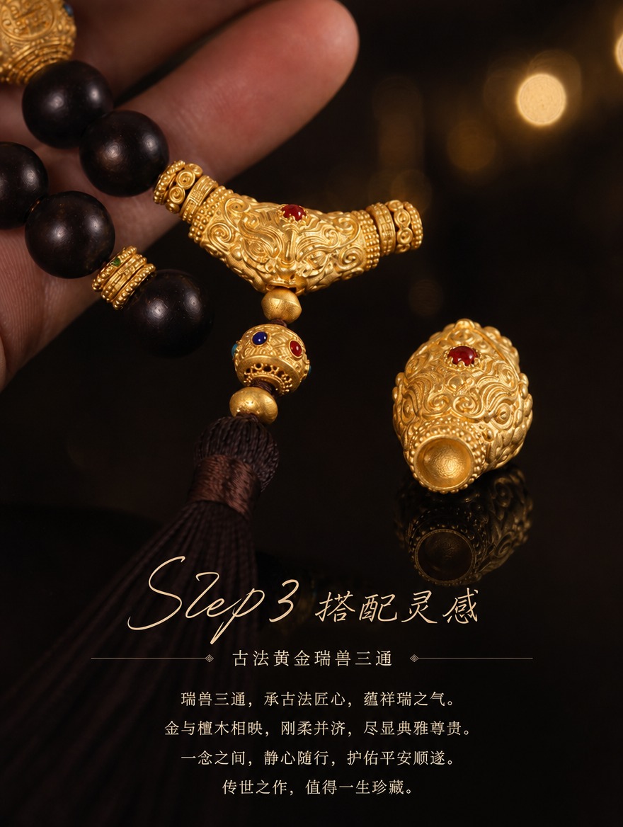 古法黄金瑞兽三通细节展示Step3搭配灵感页，暗调黑金背景暖光… - 图片创意预览