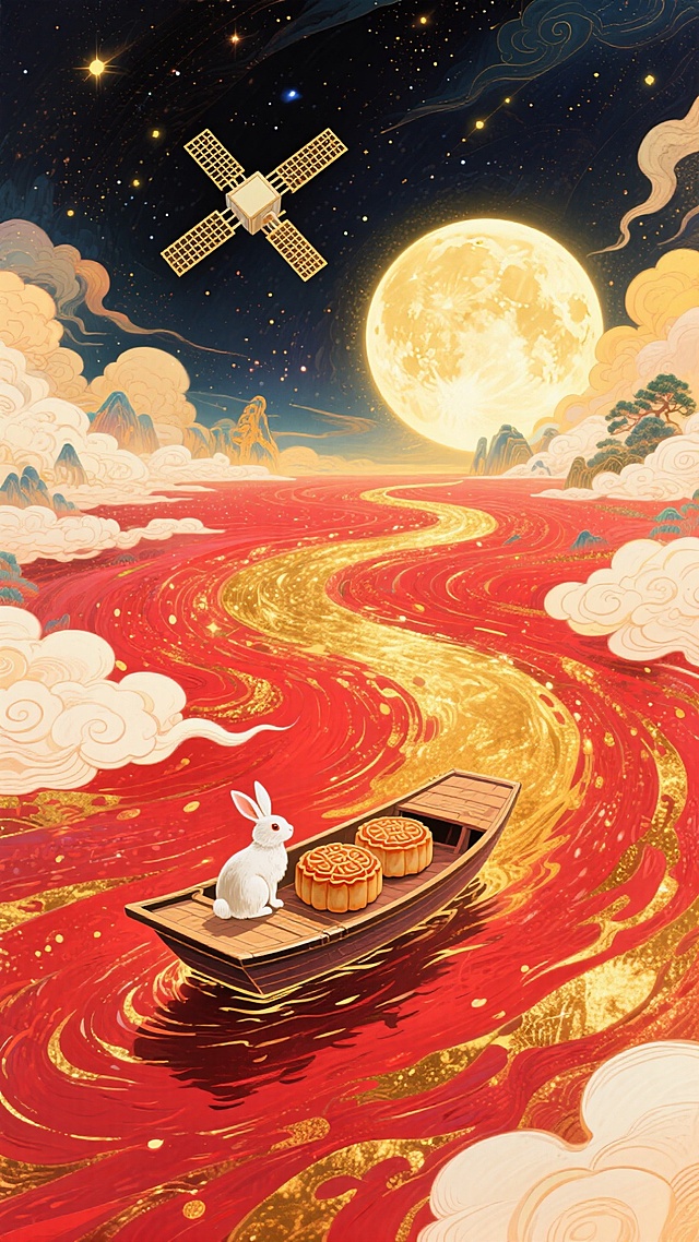 梦幻奇幻风格插画，全景，小船（漂浮在红金色河流上，船上有玉兔和两个月饼 ）居画底部，星空漩涡从小船向四周扩散成漩涡状星空（红金色交织） ，中央巨大的发光满月，卫星，超现实的星空河流世界，梦幻感，色彩以深邃红、暖黄为主，搭配金色点缀