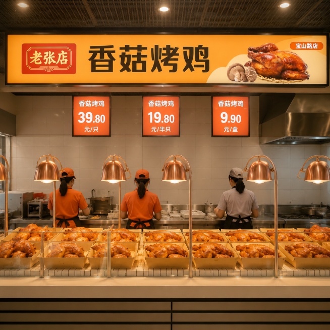 「图片1」，生成淄博烤鸡在大卖场中的店中店场景图，参考「图片1」的布局，相似度50%，,要求图上有灯箱、发光字等。图片比例1:1，4K。预览效果