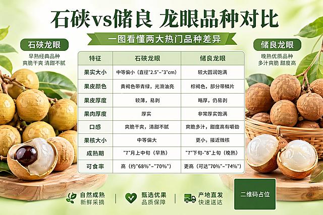 生鲜水果商业海报，写实清新风格，主题是"石硖vs储良 龙眼品种对比"，副标题是"一图看懂两大热门品种差异"，画面采用左右分栏对比布局，左侧展示石硖龙眼，右侧展示储良龙眼，中间包含清晰的对比表格，表格中需要完整呈现所有文字和精确数字：特征、石硖龙眼、储良龙眼；果实大小：中等偏小（直径"2.5"–"3"cm）、较大圆润饱满；果皮颜色：黄褐色带青绿，光滑油亮、棕褐色，部分带鳞片；果皮厚度：较薄，易剥、略厚，仍易剥；果肉厚度：厚实、非常厚实饱满；口感：爽脆干爽，清甜不腻、爽脆多汁，甜度高有嚼劲；果核大小：中等偏大、更小，接近微核；成熟期："7"月上中旬（早熟）、"7"下旬-"8"上旬（晚熟）；可食率：高（约"68%"–"70%"）、更高（可达"70%"–"74%"）；画面背景采用浅绿色渐变，清晰自然，表格分区清晰，文字全部可读，数字必须精确渲染，不得错位、遗漏或编造，画面中所有二维码区域使用纯色方块占位符呈现，方块中央标注"二维码占位"文字，严禁生成任何可识别的二维码图案，排版精美，写实商业摄影风，整体风格清爽干净适合生鲜科普展示