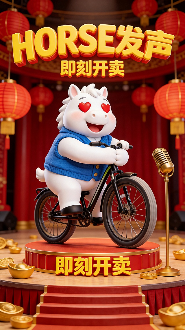 Q 版潮玩盲盒风格，3D 建模渲染，光线明亮。主体为一只胖卡通白马穿着蓝色开衫马甲，双眼是两颗红色爱心；白马呈开心雀跃的姿态，双臂环抱着一个巨大化的参考图物品，身体微微前倾，神态活泼又憨萌；白马站在一个喜庆的剧场舞台的小台子上，旁边一个金色麦克风，背景红灯笼高挂，金元宝分布在周围地面，前景有一些台阶。整体采用暖色调柔光照明，柔焦浅景深，画面可爱幽默，上方潮流3D黄色大字“HORSE发声”，副标题3D黄色小字“即刻开卖”。