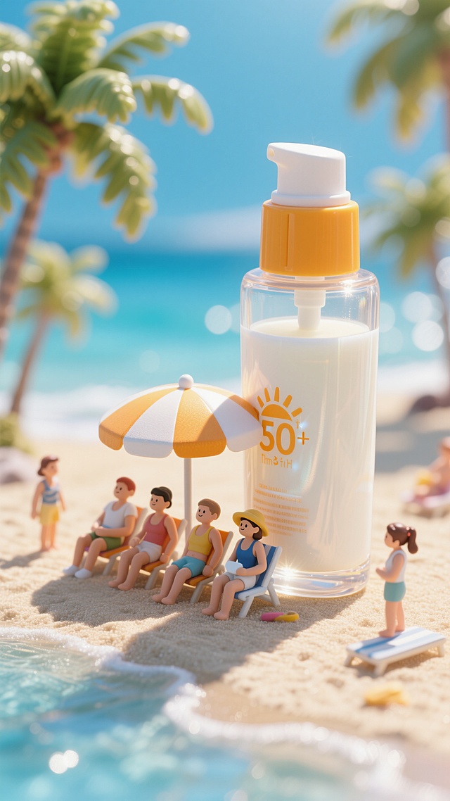 海滩一个大型的防晒霜形成一片阴影，游客排排靠坐在防晒霜边遮阳