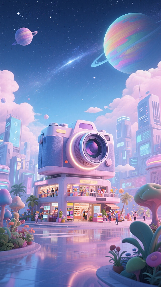 画面中心是巨型建筑（建筑细节：和相机外形相近，发光效果）周围有未来感城市建筑、彩色星球、云、商品店铺、奇特植物，背景是星空，低饱和蓝粉色调