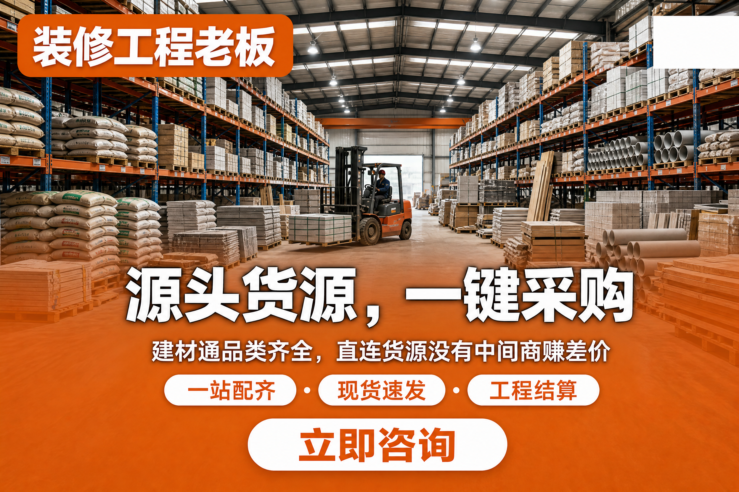 参考图的仓储场景背景风格、左上角标签、主副标题+卖点+底部按钮… - 图片创意预览