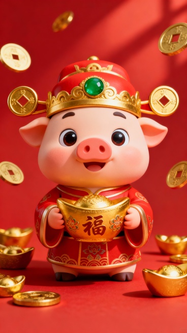 3D风格的可爱小猪玩偶，穿着传统红色财神爷服装，头戴金色财神帽，帽子上有绿色宝石和两个金色圆形装饰，双手捧着一个金色的元宝，元宝上有“福”字和花纹，周围散落着多个金色的铜钱和元宝，整体画面以红色为纯色背景，光影明亮柔和，营造出喜庆、吉祥的氛围，玩偶面部表情可爱，眼睛大而有神，充满欢乐和祝福的感觉。预览效果