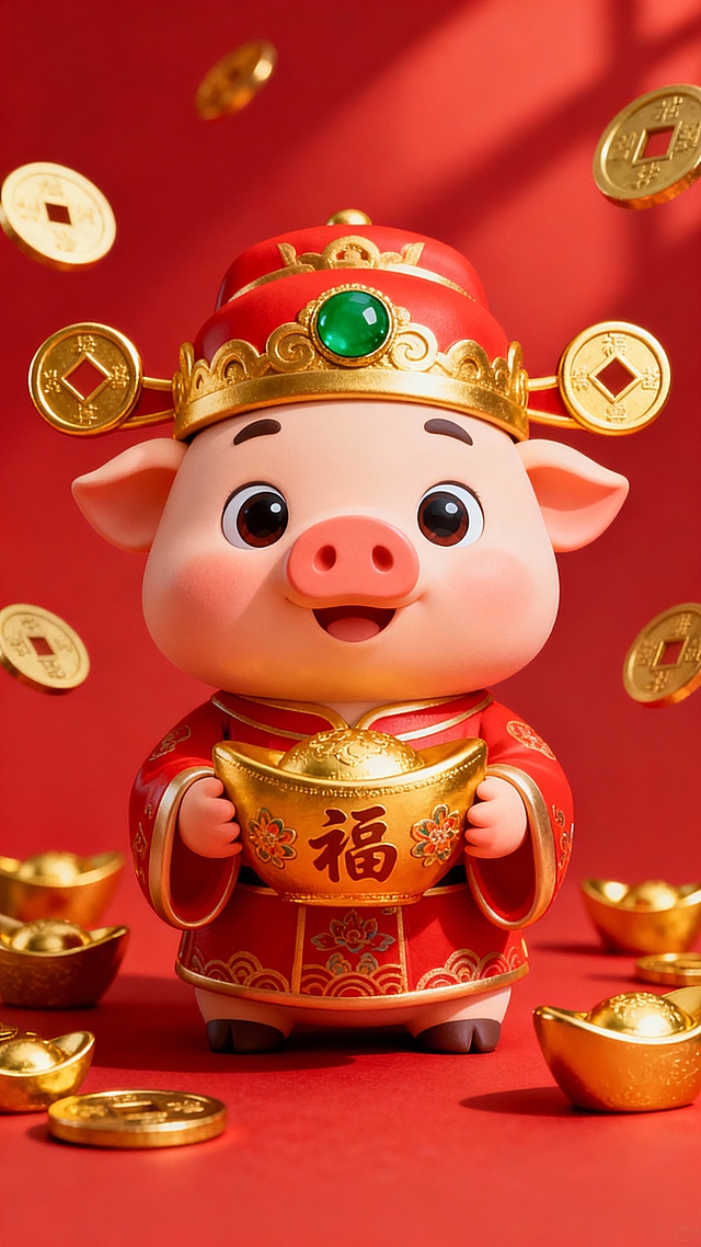 3D风格的可爱小猪玩偶，穿着传统红色财神爷服装，头戴金色财神帽，帽子上有绿色宝石和两个金色圆形装饰，双手捧着一个金色的元宝，元宝上有“福”字和花纹，周围散落着多个金色的铜钱和元宝，整体画面以红色为纯色背景，光影明亮柔和，营造出喜庆、吉祥的氛围，玩偶面部表情可爱，眼睛大而有神，充满欢乐和祝福的感觉。