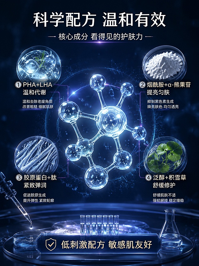 [第3屏] 成分科技专屏-COSRX棉片核心成分机理可视化。本屏为成分说明屏，不强制使用产品外观图，以成分分子和科研元素为主画面。
[氛围/风格] 超写实科研实验室风格，高级成分科普感，3D分子结构，专业可信。
[元素布局] 画面中央为大型透明质酸/烟酰胺分子3D结构，占画面约45%，呈半透明水晶质感悬浮；周围环绕4组成分原料特写：PHA/LHA温和酸类、烟酰胺粉末、胶原蛋白纤维、积雪草植物萃取液，每组配小标签；底部有一条实验器皿质感的信息条，内含滴管、培养皿、试管等元素；整体层次丰富，有景深。
[光影质感] 暗调科技光，分子结构有内部发光效果，周围有柔和体积光，粒子漂浮，光影层次丰富。
[配色色系] 全局底色 #0A1628 深海蓝黑；主色水光蓝、分子白；辅助色浅金、淡紫高光点缀。
[视角构图] 中心构图，微俯视，阅读动线从中心分子向四周成分扩散，底部信息条收口。
[文字版式] 顶部大标题「科学配方 温和有效」，副标题「核心成分 看得见的护肤力」；分子结构旁标注4个编号成分名：① PHA+LHA 温和代谢 ② 烟酰胺+α-熊果苷 提亮匀肤 ③ 胶原蛋白+肽 紧致弹润 ④ 泛醇+积雪草 舒缓修护；底部信息条写「低刺激配方 敏感肌友好」。文字清晰，字号适中。
[比例分辨率] 3:4竖版比例，宽度1200像素，高度1600像素，4K分辨率，文字清晰可辨，高清画质。
[负向提示词] 文字错乱，分子结构模糊，水印，颜色脏污，画面杂乱，信息不清晰。