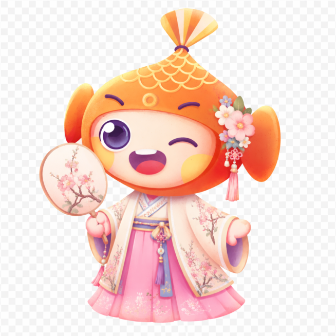 将背景换成透明的，把脸部表情替换成参考图中 wink 张开嘴开心的表情，保留穿着苏绣古装拿着扇子的整体形象和装饰预览效果