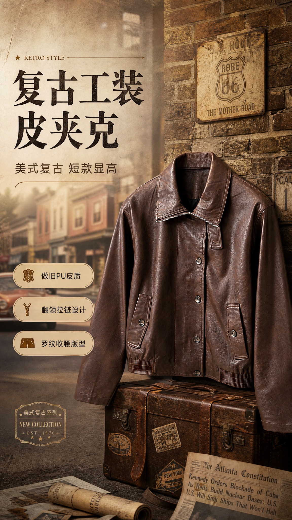 [商品] 使用【图1】复古棕色翻领短款PU皮夹克；商品处理：保… - 图片创意预览
