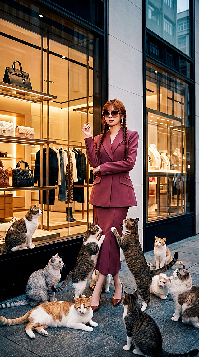 场景为临街的商场橱窗前，人物姿态舒展，身着时尚套装，戴墨镜。在人的周围放很多猫猫。时尚大片感。