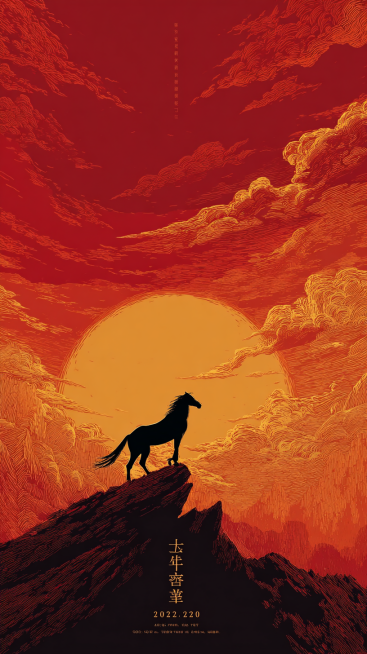 史诗感风景海报，9:16。在壮丽的山巅，一匹骏马的黑色剪影面向着一轮正在磅礴升起的、巨大的红日。阳光染红了整片云海与天空，形成由深红、橙红、金光构成的震撼渐变。马的身影坚定，充满希望。
文字设计： 极预览效果
