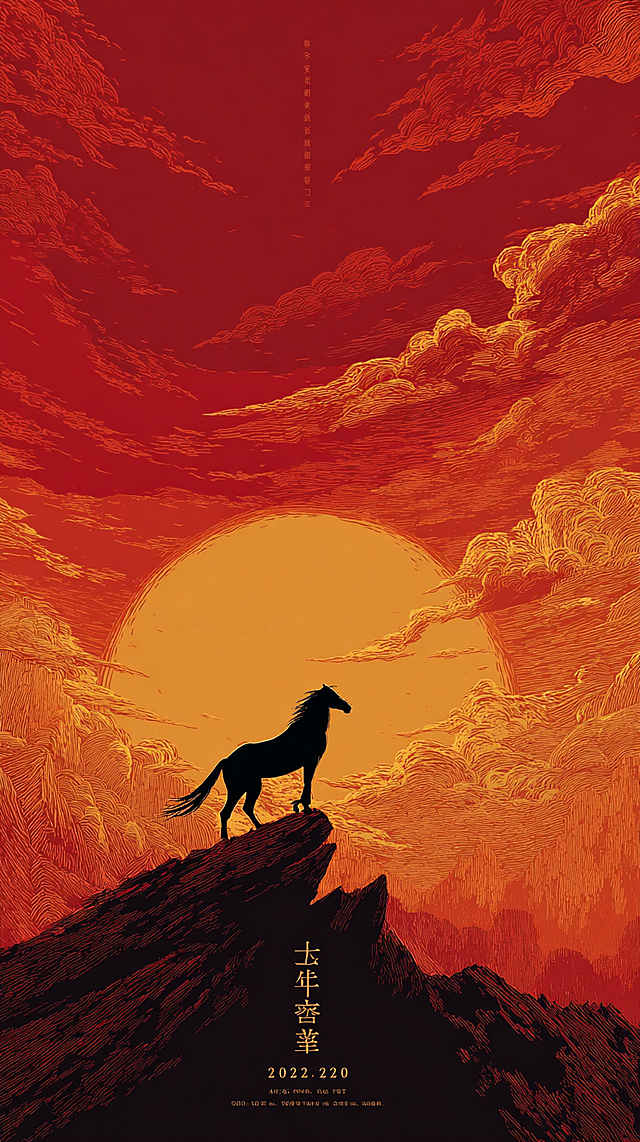 史诗感风景海报，9:16。在壮丽的山巅，一匹骏马的黑色剪影面向着一轮正在磅礴升起的、巨大的红日。阳光染红了整片云海与天空，形成由深红、橙红、金光构成的震撼渐变。马的身影坚定，充满希望。
文字设计： 极简设计。仅在画面最下方的云海上，以长长的阴影字效果，印着“2026，旭日新生”。字体为纤细优雅的衬线体。