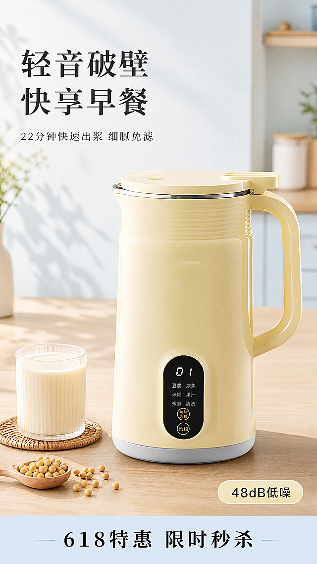 [第1屏] 详情页头图，浅黄色多功能破壁豆浆机新品宣传海报。保持产品的物理结构、颜色、材质与输入的【图1】完全一致。[氛围/风格] 浅色温馨自然厨房场景，柔和自然光，简约清新商业摄影质感，参考参考图【图2】的浅色系温馨风格。[元素布局] 浅黄色豆浆机放置在画面偏右侧区域，占据画面约65%主体位置。背景为浅米蓝色调的简约厨房台面，台面左侧摆放一杯做好的豆浆和少量黄豆，背景上方留白放置主标题文字。整体画面干净明亮，保留产品所有细节特征。[光影质感] 主光源从左上方向下照亮产品，在台面上形成柔和自然投影，产品高光边缘清晰，机身颜色均匀通透。[配色色系] 统一全局底色：浅蓝#e6f0f8，主体配色：浅黄色机身+灰色底座+黑色显示屏，辅助色：浅木色台面+米白色豆浆，文字黑色。[视角构图] 正面45度微俯视构图，产品主体在黄金分割线位置，左上预留文字区域，整体阅读动线从上到下。[文字版式] 左上区域分层排版，主标题两行大字「轻音破壁 快享早餐」，副标题一行小字「22分钟快速出浆 细腻免滤」，右下角圆角标签标注「48dB低噪」，底部浅蓝信息条标注「618特惠 限时秒杀」，所有文字清晰不遮挡产品主体。[比例分辨率] 9:16竖版比例，4K分辨率，文字清晰可辨，超高清。[负向提示词] 产品变形，颜色偏差，结构错误，文字错乱，水印，产品模糊，背景杂乱，缺件错件