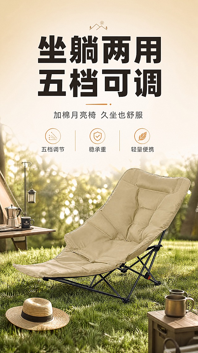 [商品] 使用【图2】卡其色加棉月亮椅；保留整体结构、X型碳钢支架、加棉坐垫靠背、脚踏延伸、卡扣调节按钮、颜色和面料质感；自然理顺面料褶皱，增强缝线和金属支架质感，不改变产品结构和比例。
[画面] 目标：头图海报，突出坐躺两用的舒适体验。构图：上下结构，上半部分大标题区，下半部分产品置于户外草地场景，产品占画面60%，侧躺角度展示完整形态。前景：绿色草地+散落的露营小道具（咖啡杯、草帽）；中景：月亮椅主体；后景：虚化的树木与阳光光斑，暖调自然光。阅读动线：从上至下，先看标题再看产品。
[视觉] 套系策略：风格=户外露营风商业摄影，自然暖调；标题字=粗黑体，厚重有力；正文字=简洁无衬线体；主色=卡其棕；背景延展=基于卡其棕做深浅层级，搭配草地绿和米白渐变，自然户外质感；强调色=暖橙色，仅用于小面积标签、图标和高亮；标题色=深棕黑；正文色=深暖灰；组件=圆角信息卡、细线引线、胶囊标签；光影=左前侧暖自然光，柔和阴影。
[文字] 顶部大主标题"坐躺两用 五档可调"，副标题"加棉月亮椅 久坐也舒服"，底部信息条3个短卖点："五档调节""稳承重""轻量便携"，文字不遮挡产品主体。
[规格] 图片比例9:16竖版，4K，避免变形、错字、文字过小、冷蓝灰背景、产品颜色改变、结构失真、极限词。