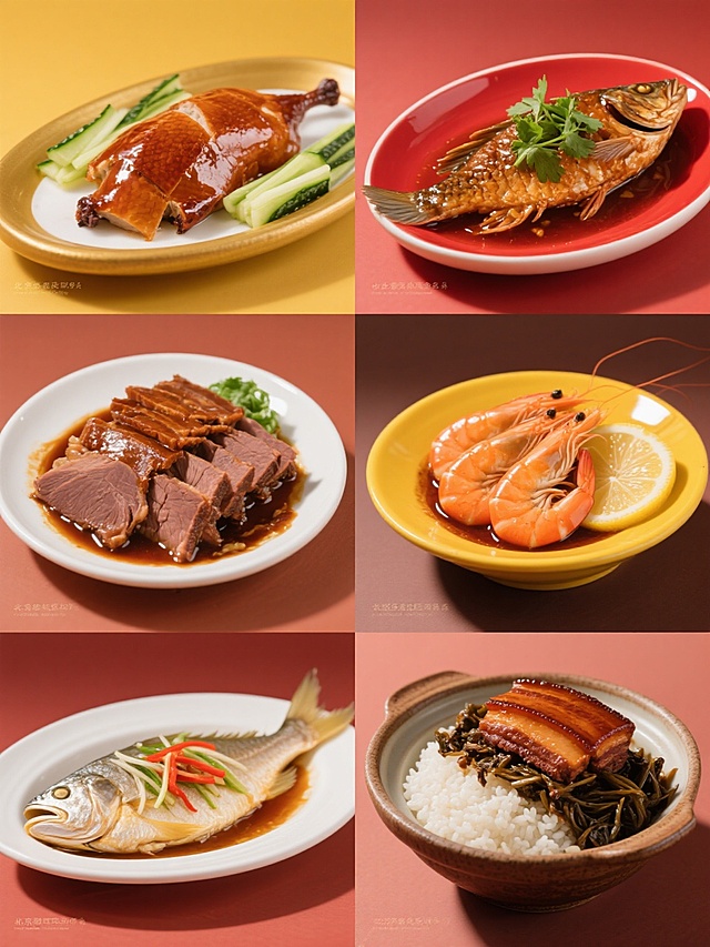六宫格规整排布的美食系列海报，每个格子为一道中式传统菜肴，保持原图超写实摄影风格，高分辨率，极致细节，食物表面光泽感强，色彩饱满浓郁，采用纯色背景但每格背景色不同且协调，第一格为金黄色的北京烤鸭配葱丝黄瓜条，第二格为亮红色的红烧鱼带翠绿香菜点缀，第三格为棕褐色的酱牛肉片整齐码放，第四格为橙黄色的香煎大虾配柠檬片，第五格为奶白色的清蒸鲈鱼淋葱丝红椒丝，第六格为深棕色的梅菜扣肉覆盖晶莹米饭，每道菜都使用与原图相似的粗陶或瓷质餐具，光影效果为柔和顶光，突出食物立体感和质感，整体设计具有清晰的视觉层级和高效的信息传达，符合美食宣传海报的设计感和审美要求。