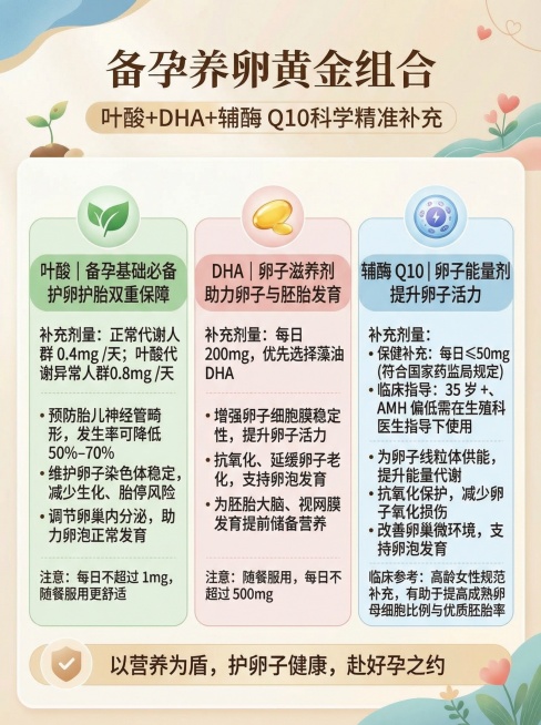 参考上传海报的温馨柔和风格、分栏排版样式，生成备孕主题海报，顶部主标题为"备孕养卵黄金组合"，下方副标题为"叶酸+DHA+辅酶 Q10科学精准补充"。分三个板块依次展示：1. 叶酸板块：标题"叶酸｜备预览效果