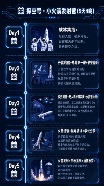 在现有深蓝色潮酷科技风行程页模板基础上，替换顶部标题为"探空号・小火箭发射营(5天4晚)"，替换五天行程文案为探空号新内容：Day1破冰集结：报到入住，破冰分组，组建航天少年团队，开启探空之旅。Day预览效果